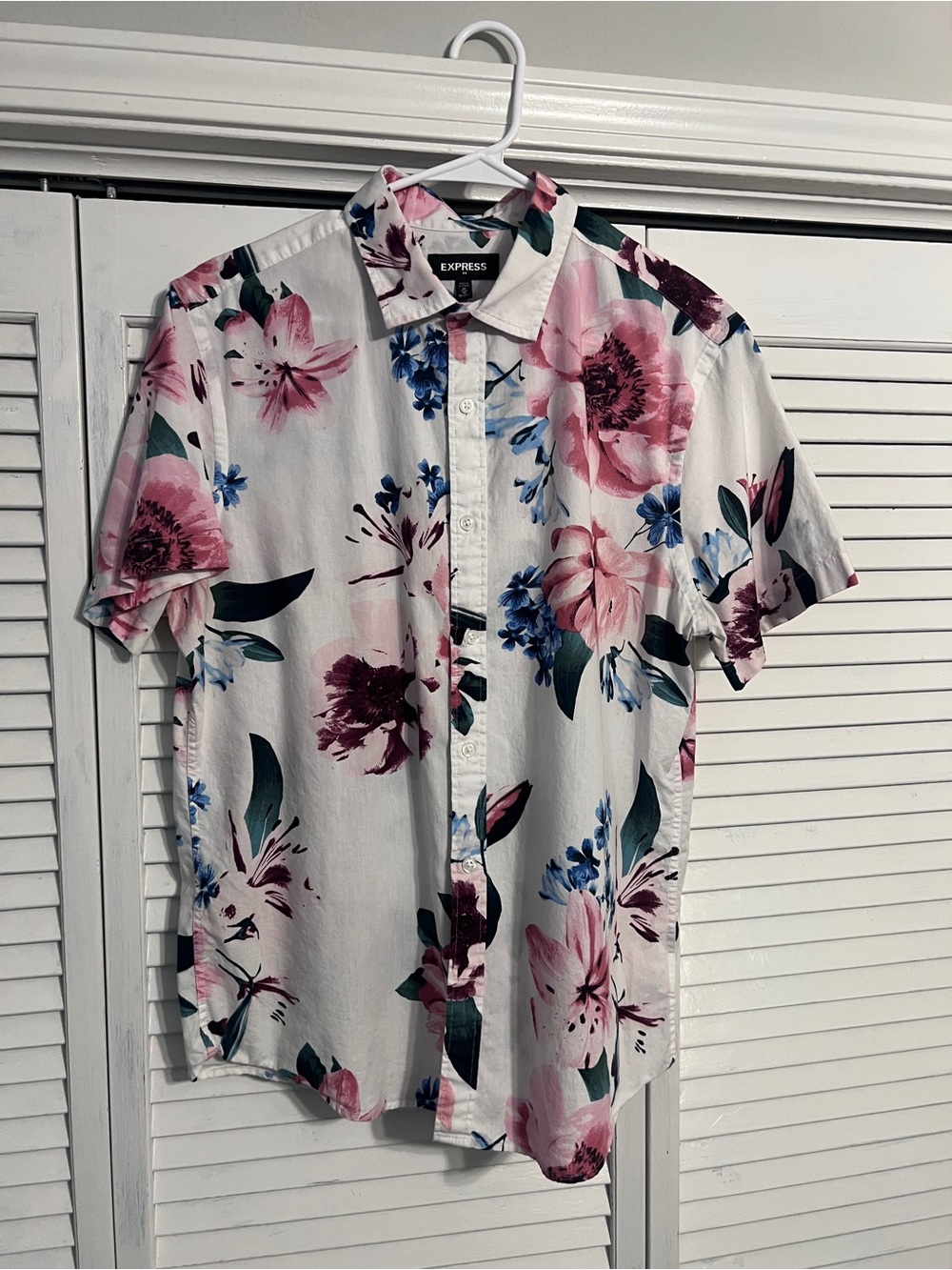 Express Men’s White Short-Sleeve Floral Button-Down Shirt - Pink & Blue
